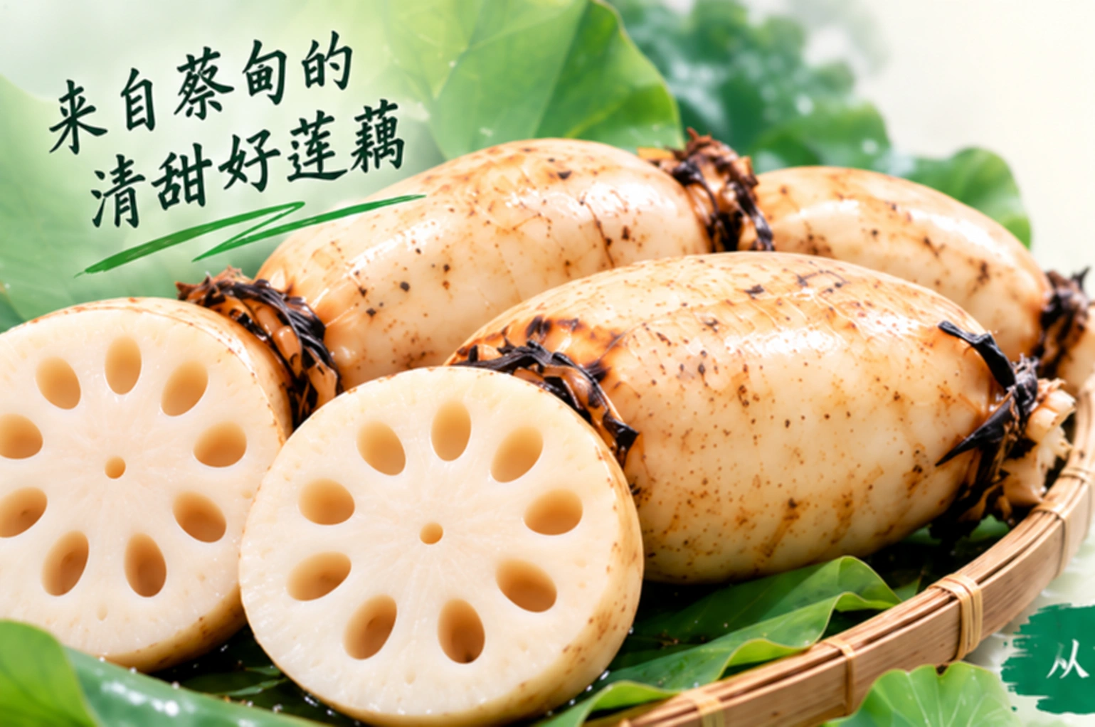 竹篮与荷叶间的蔡甸鲜藕，藕身饱满，切面洁白