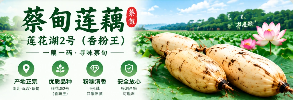 蔡甸莲藕，莲花湖2号（香粉王）。一藕一码，寻味蔡甸。产地正宗、优质品种、粉糯清香、安全放心。